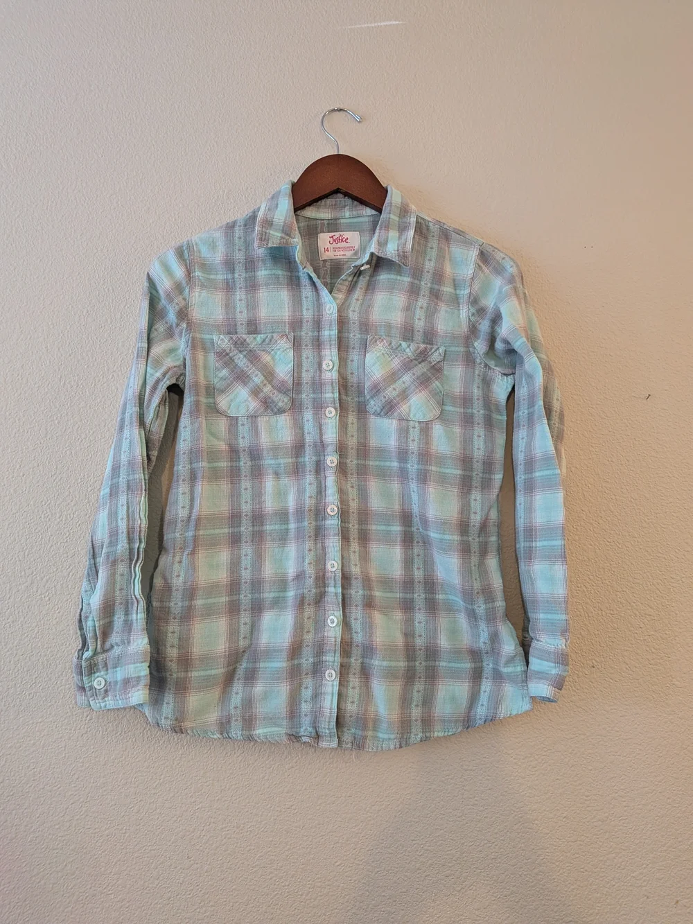 Justice Girl's Mint And Grey Button-Up Shirt